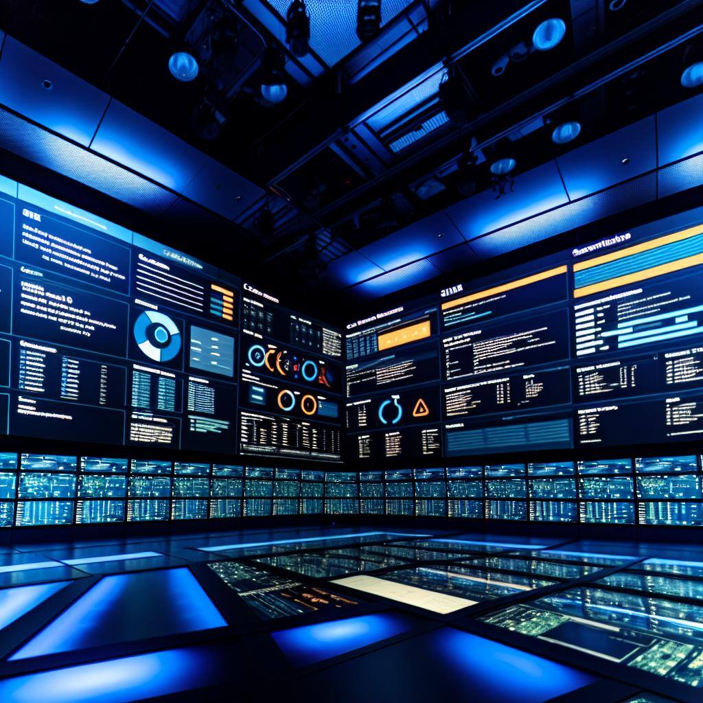 A hightech network operations center with multiple large screens displaying realtime data logs, alerts, and security analytics